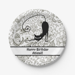 Personalised Black and White Cat Birthday Plates