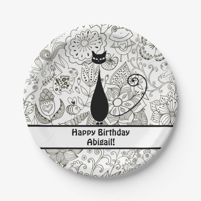 Personalised Black and White Cat Happy Birthday Paper Plate (Front)