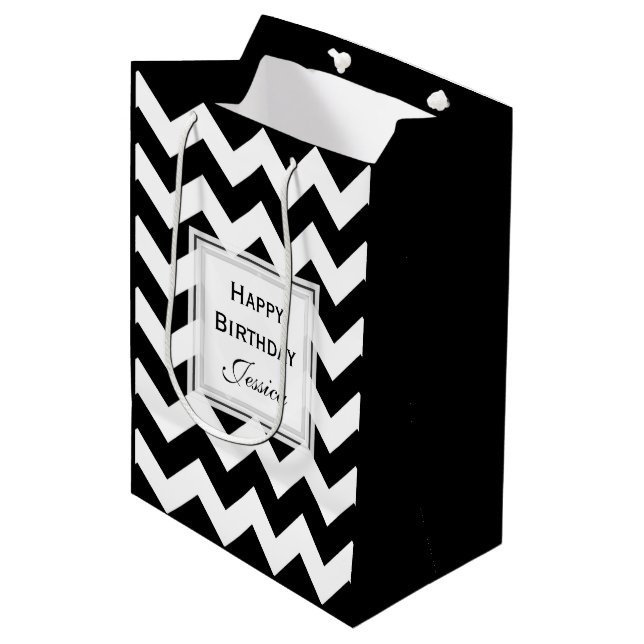 Personalised: Black And White Chevron Gift Bag 2 (Front Angled)