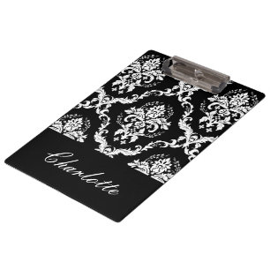 Personalised Black And White Damask Pattern Clipboard