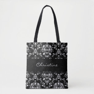 Personalised Black and White Damask Tote Bag