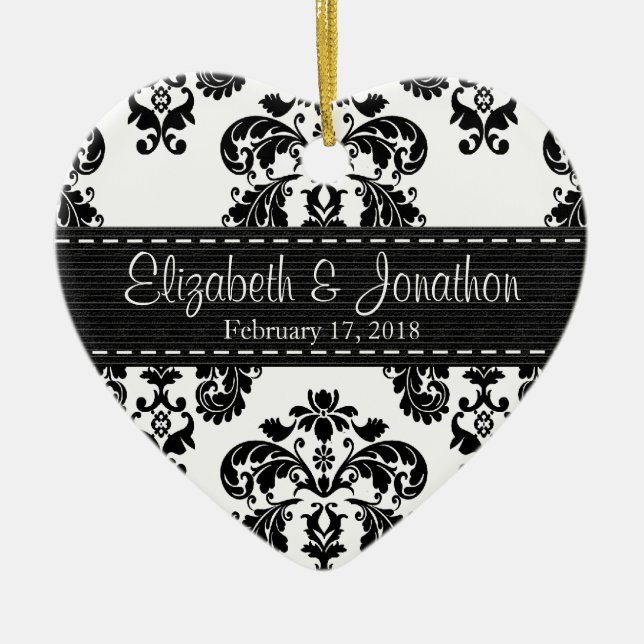 Personalised Black and White Damask Wedding Favour Ceramic Tree Decoration (Front)