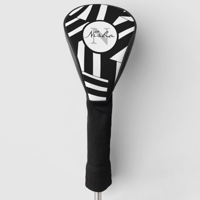 Personalised Black and White Diagonal Stripes Golf Head Cover (Front)