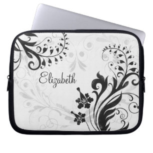 Personalised Black and White Floral Laptop Sleeve