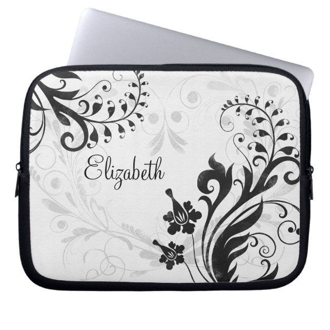 Personalised Black and White Floral Laptop Sleeve (Front)