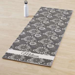 Personalised Black and White Floral Yoga Mat