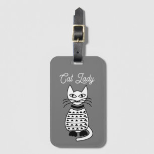 Personalised Black and White Geometric Cat Luggage Tag