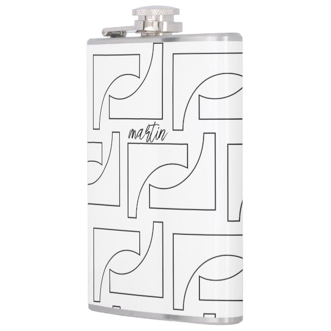 Personalised Black And White Geometric Pattern Hip Flask (Left)