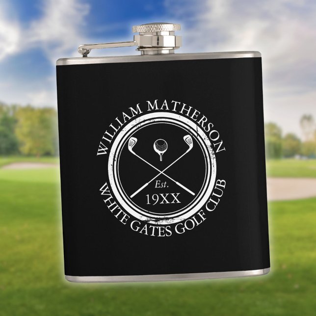 Personalised Black And White Golf Club Name Hip Flask (Personalized Black And White Golf Club Name Flask)