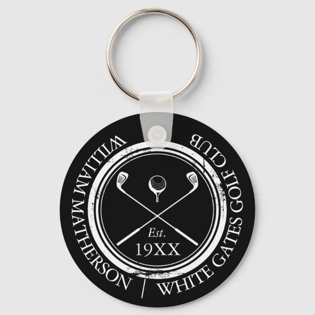 Personalised Black And White Golf Club Name Key Ring (Front)