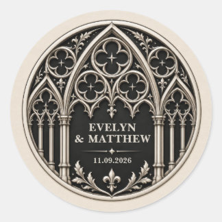 Personalised Black and White Gothic Wedding Classic Round Sticker