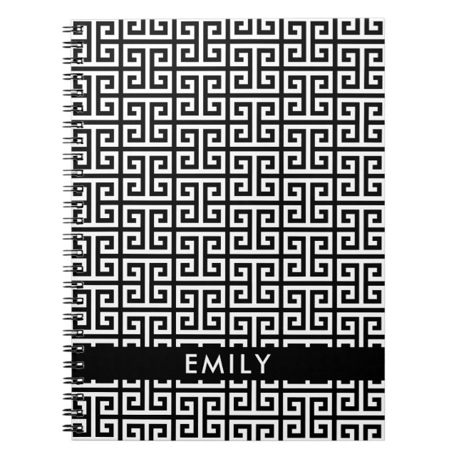 Personalised Black and White Greek Key Notebook (Front)