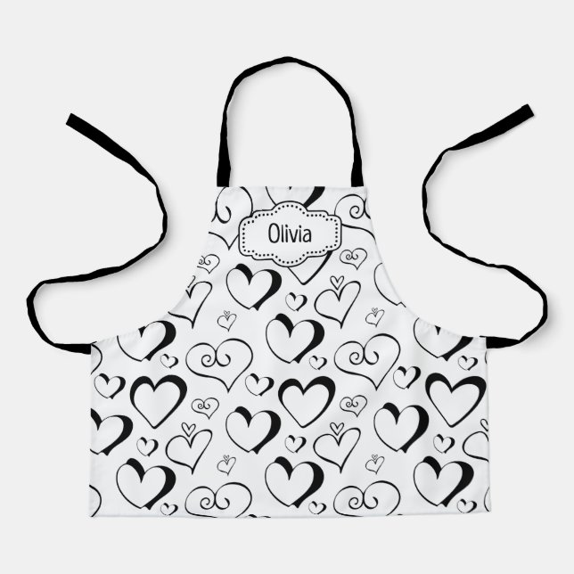 Personalised Black and White Hearts Apron (Front)