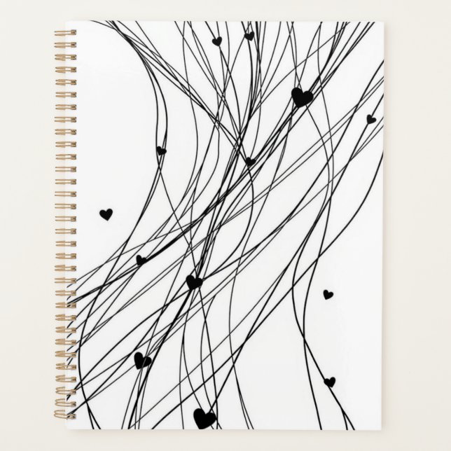 Personalised Black and White Line Drawn Heart Planner (Front)