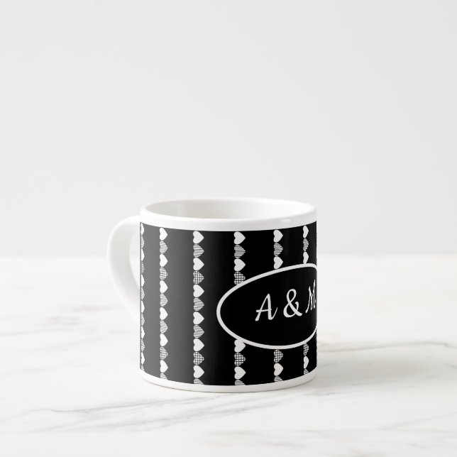 Personalised Black and White Love Hearts Pattern Espresso Cup (Front Left)