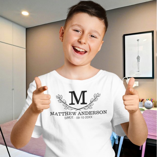 Personalised Black And White Name Monogram Age T-Shirt (Creator Uploaded)