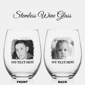Personalised black and white photo and text stemless wine glass