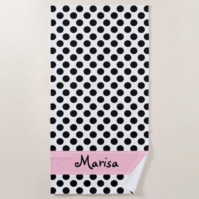 Personalised Black and White Polka Dot Beach Towel (Front)