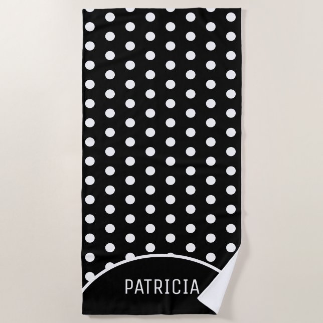 Personalised Black And White Polka Dot Beach Towel (Front)