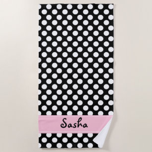 Personalised Black and White Polka Dot Beach Towel