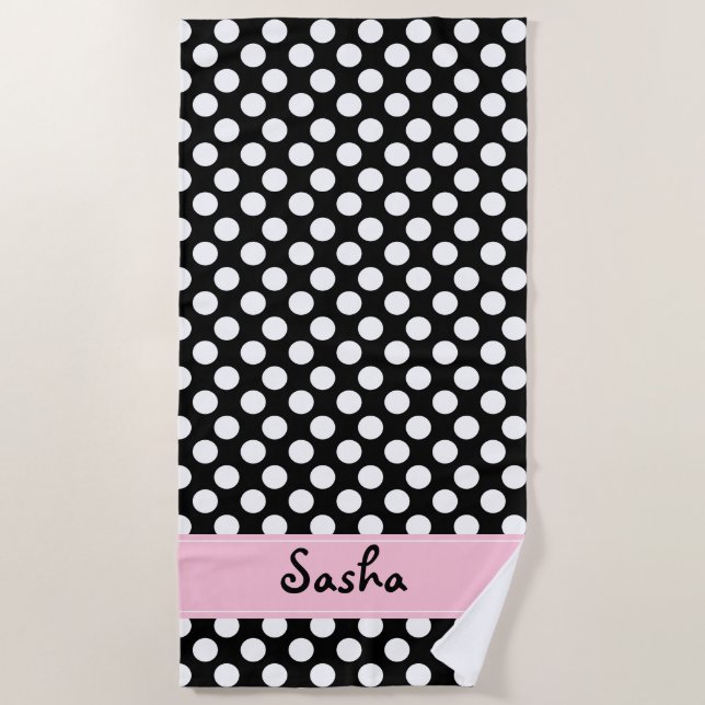 Personalised Black and White Polka Dot Beach Towel (Front)