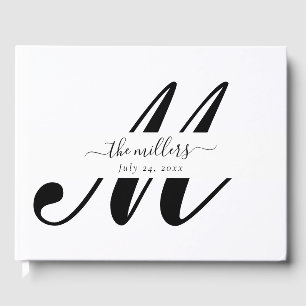 Personalised Black and White Script Monogram Guest Guest Book