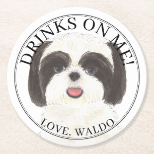 Personalised Black and White Shih Tzu Dog Wedding Round Paper Coaster