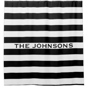 Personalised black and white stripe shower curtain