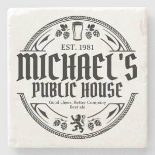 Personalised Black and White Vintage Pub Sign Beer Stone Coaster