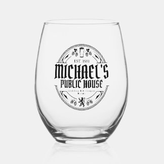 Personalised Black and White Vintage Pub Sign Stemless Wine Glass