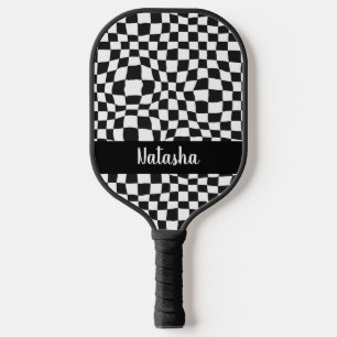 Personalised Black and White Warped Chequered Pickleball Paddle