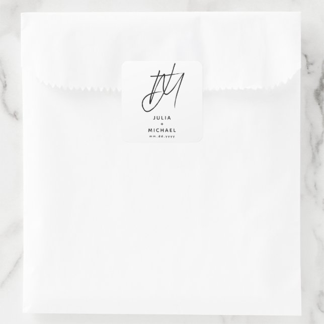 Personalised Black and White Wedding Monogram Square Sticker (Bag)