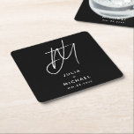 Personalised Black and White Wedding Paper Coaster<br><div class="desc">Complete your elegant wedding decor with these personalised black and white paper coasters featuring a large brushed script two initial monogram with couple's name and wedding date below in modern sans serif font. These coasters are perfect for protecting your tables and adding a personalised touch to your wedding reception.</div>