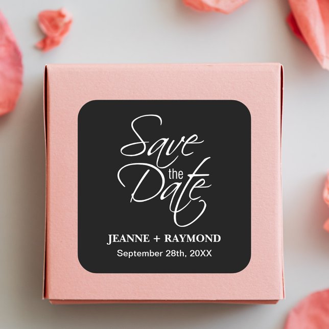 Personalised Black and White Wedding Save the Date Square Sticker (Creator Uploaded)