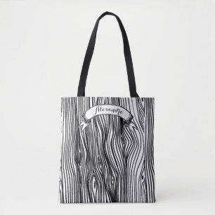 Personalised Black and White Wood Grain Pattern Tote Bag