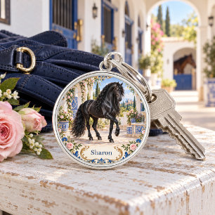 Personalised Black Andalusian Horse Spanish Tile Key Ring