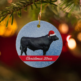 Personalised Black Angus and Santa Hat Ceramic Tree Decoration