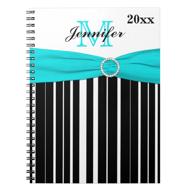 Personalised Black Aqua White Striped Notebook (Front)