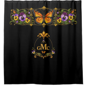 Personalised Black Art Nouveau Monarch Butterfly Shower Curtain