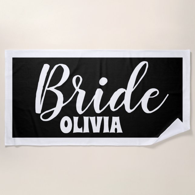 Personalised Black Bachelorette Bride Beach Towel (Front)