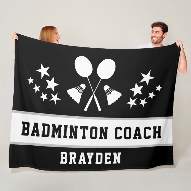 Personalised Black Badminton Coach Name Fleece Blanket (In Situ)