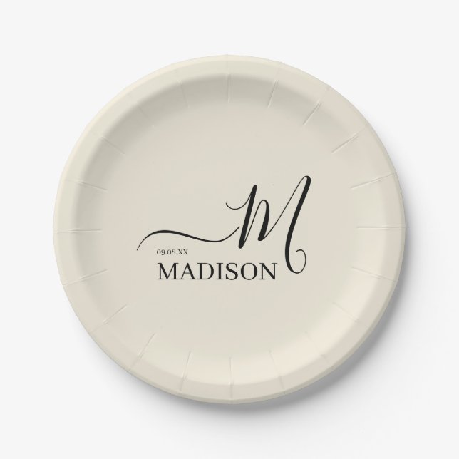 Personalised Black Beige Signature Family Name  Paper Plate (Front)