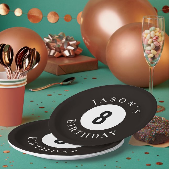 Personalised Black Billiard Pool Ball Birthday  Paper Plate (Multi)
