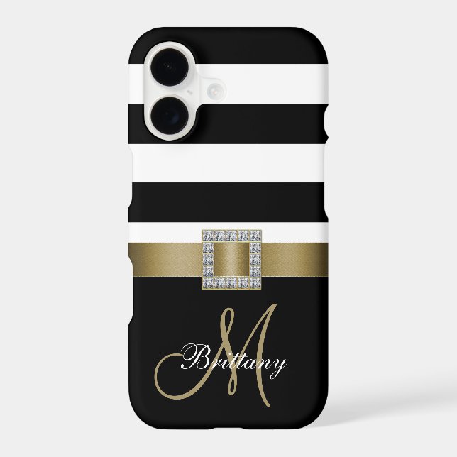 Personalised Black Bold Stripes Gold Monogram (Back)