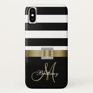 Personalised Black Bold Stripes Gold Monogram iPhone X Case
