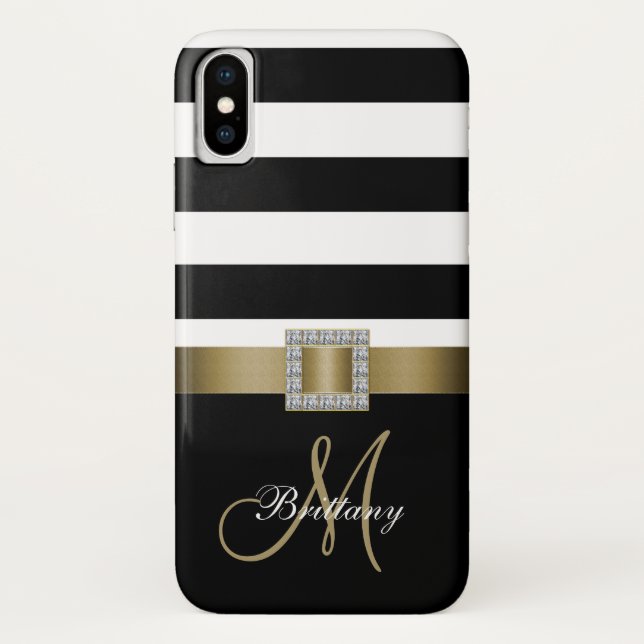 Personalised Black Bold Stripes Gold Monogram Case-Mate iPhone Case (Back)