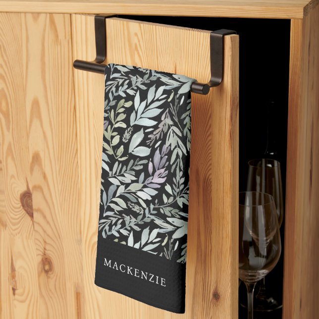 Personalised Black Botanical Watercolor Pattern Tea Towel (Thirds Fold)