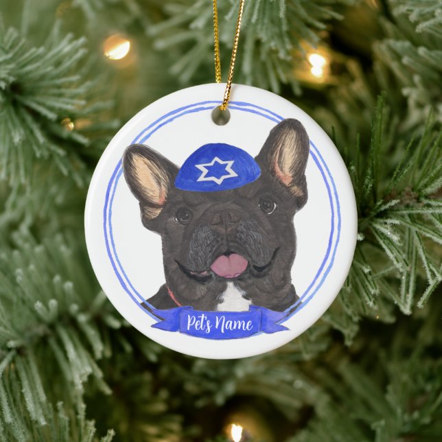 Personalised Black Brindle Frenchie Hanukkah Ceramic Tree Decoration (Tree)