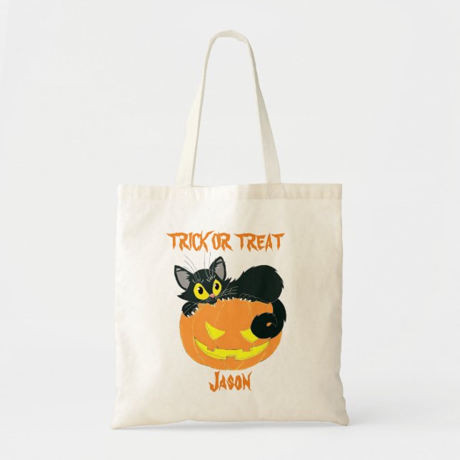 Personalised Black Cat And Pumpkin Trick or Treat Tote Bag (Front)