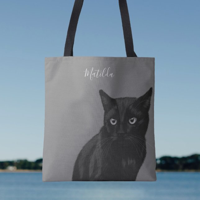 Personalised Black Cat Art Grey Tote Bag (Just add your name to this cute cat tote bag. Purrfect!)